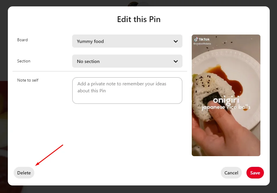 Where the delete pin button is