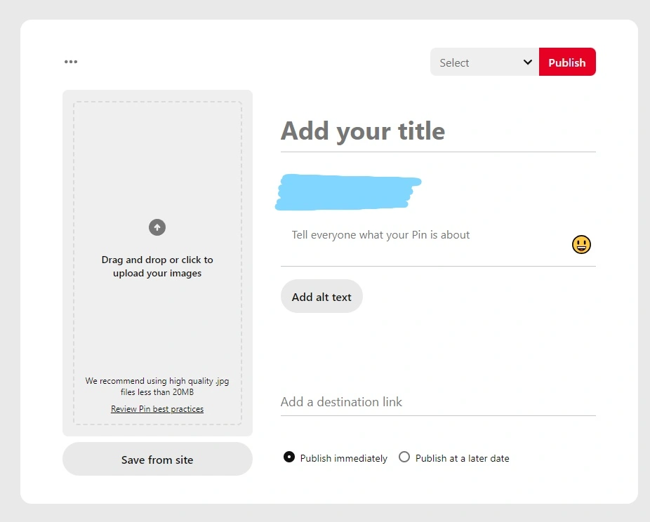 The pin creation screen on Pinterest
